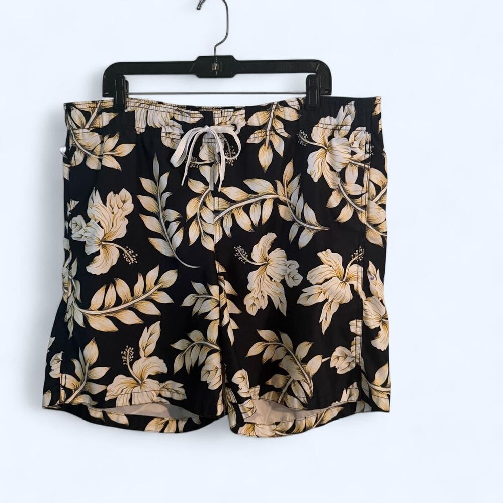 Vintage Merona Black Cream Hawaiian Hibiscus Swim Trunks Shorts Size L